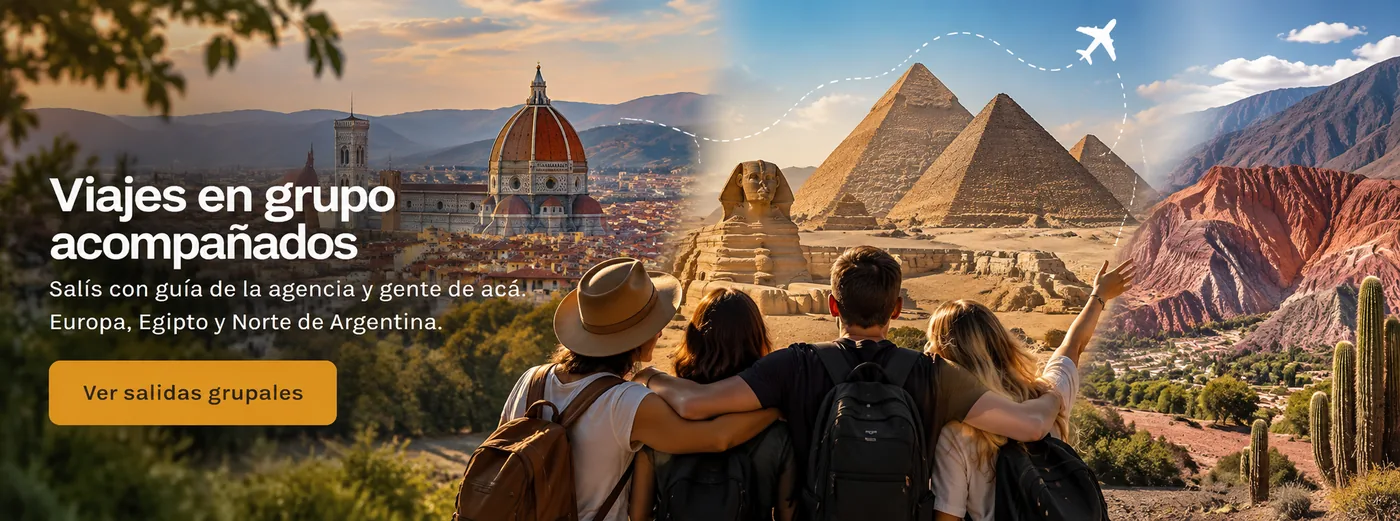 Viajes en grupo acompañados. Salís con guía de la agencia y gente de acá. Europa, Egipto y Norte de Argentina.